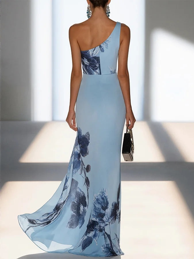 Floral Print One-Shoulder Wedding Guest Maxi Dress