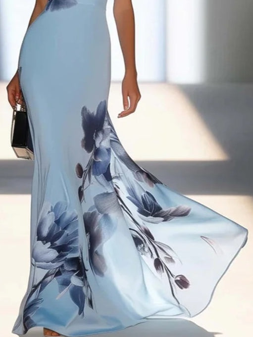 Floral Print One-Shoulder Wedding Guest Maxi Dress