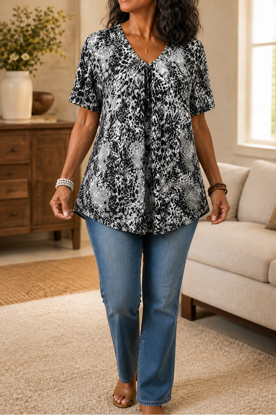 Gathered-Bust V-Neck Leopard Print Tunic Top
