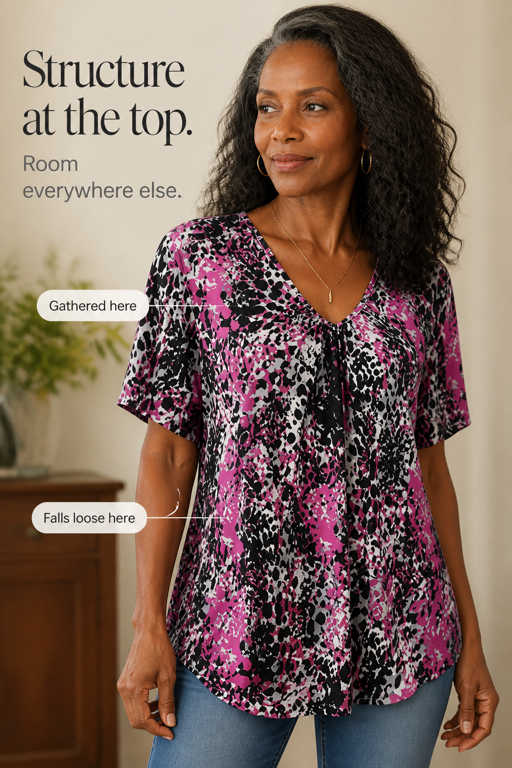 Gathered-Bust V-Neck Leopard Print Tunic Top