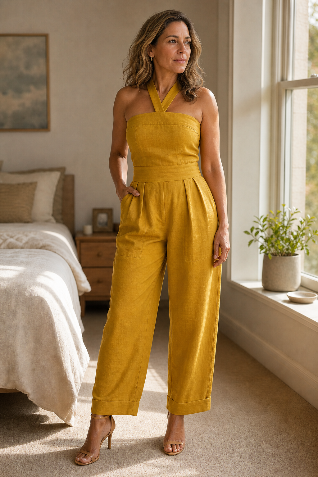 Halter-Neck Wide-Leg Jumpsuit with Defined Waist