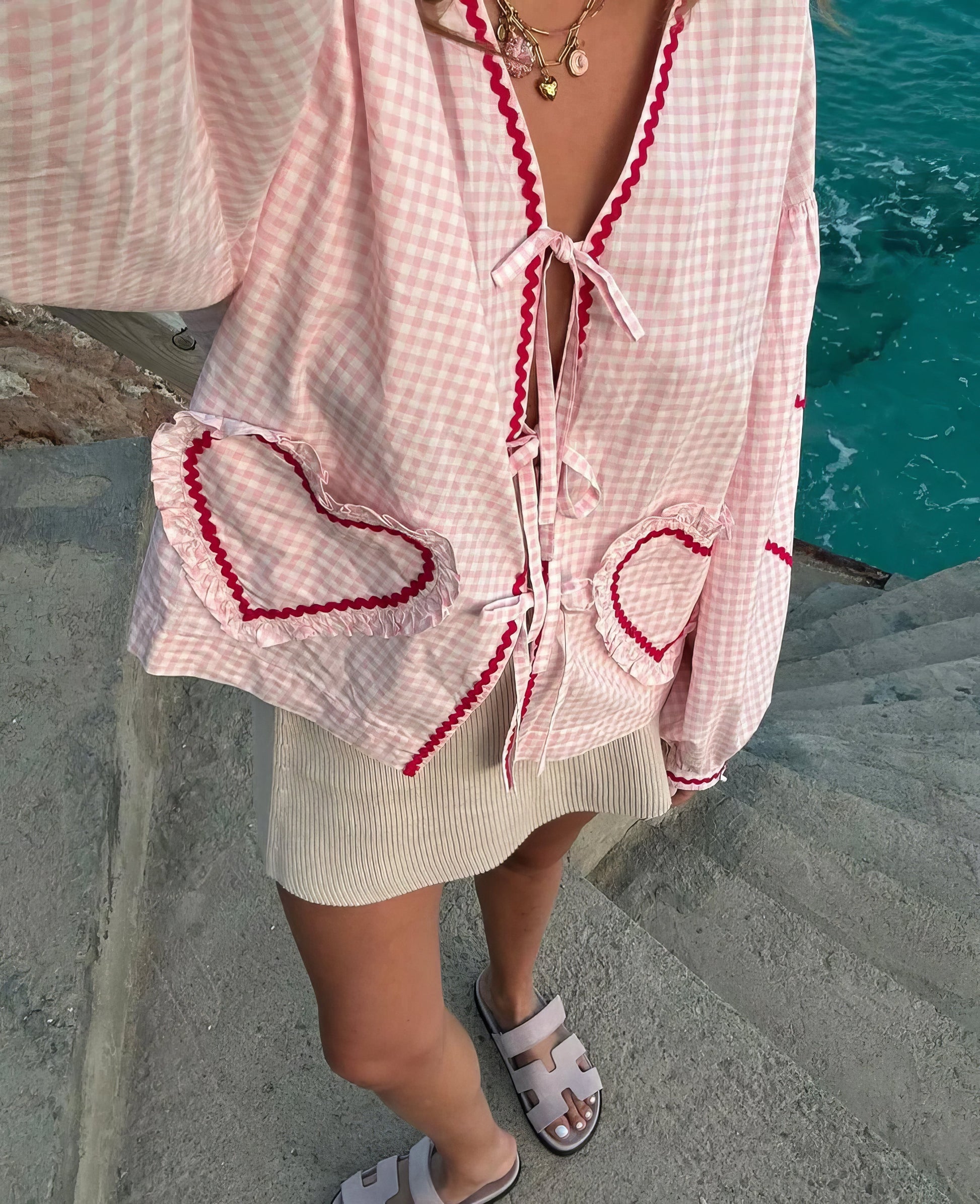 Image of Ivy | Women's Open Front Gingham Blouse