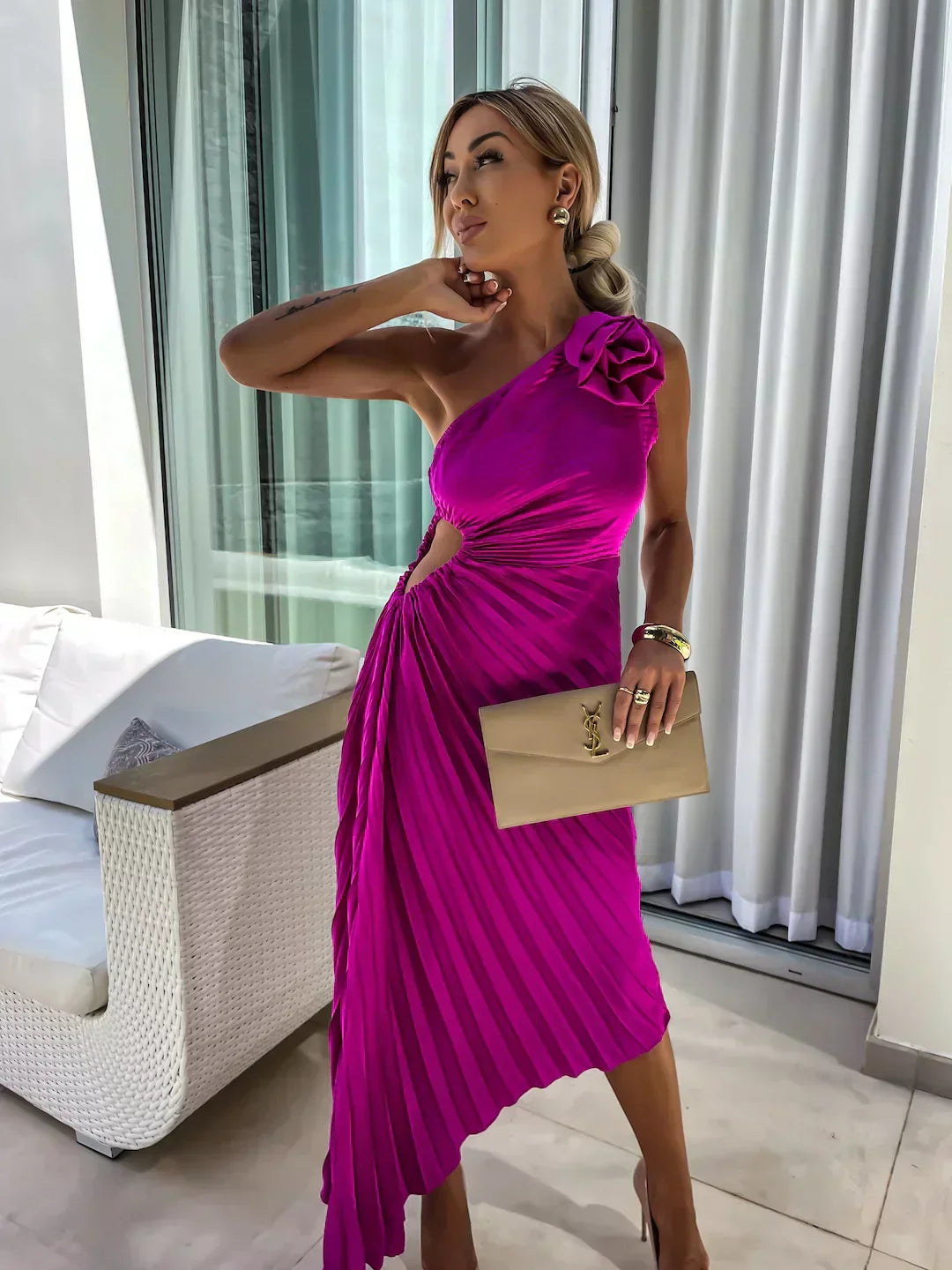 Image of Jane | Women's One Shoulder Pleated Midi Dress