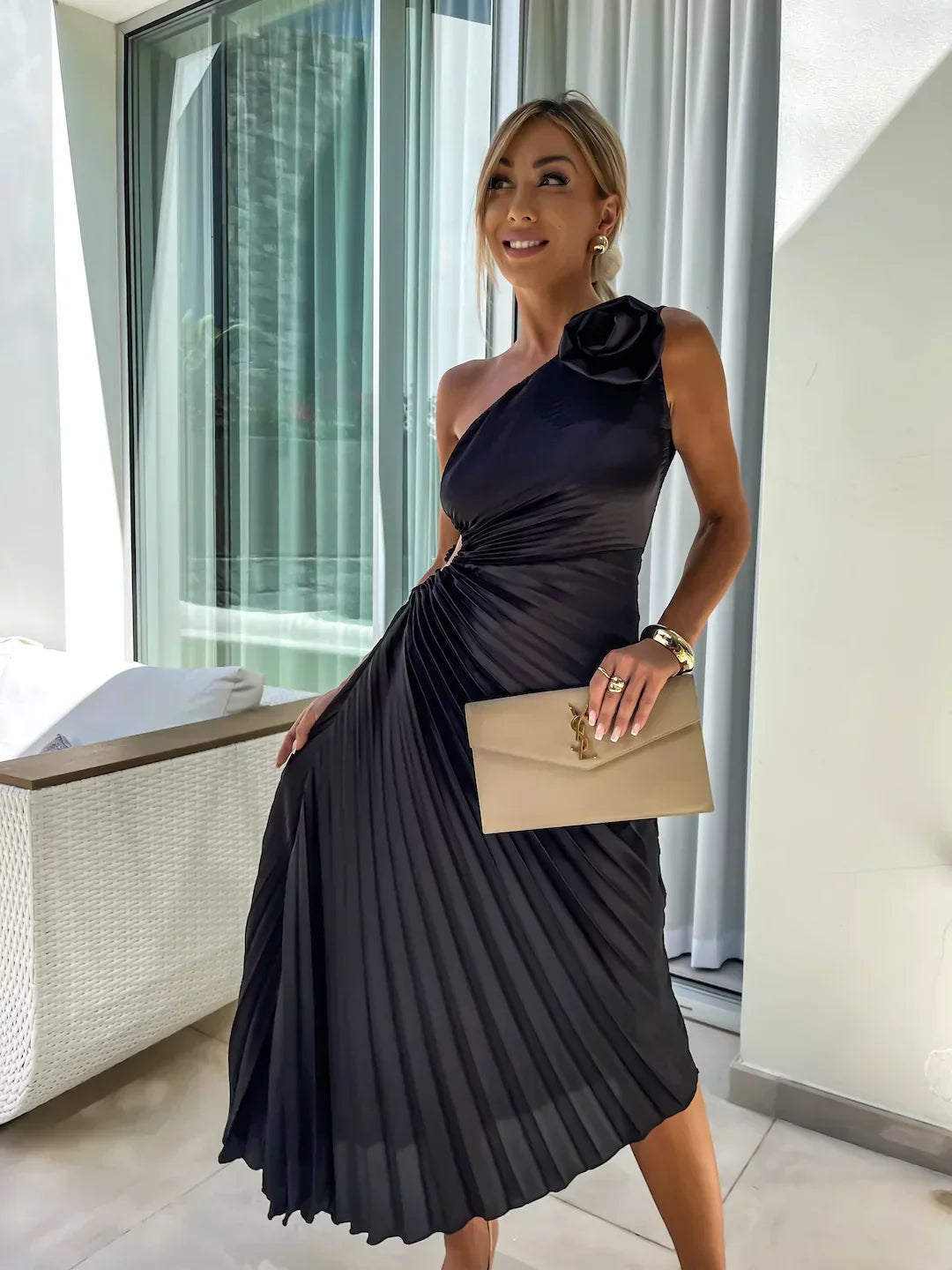 Image of Jane | Women's One Shoulder Pleated Midi Dress