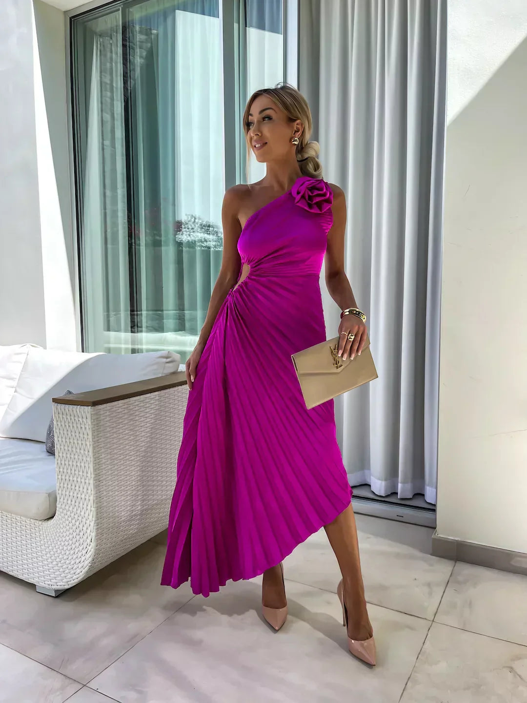 Image of Jane | Women's One Shoulder Pleated Midi Dress