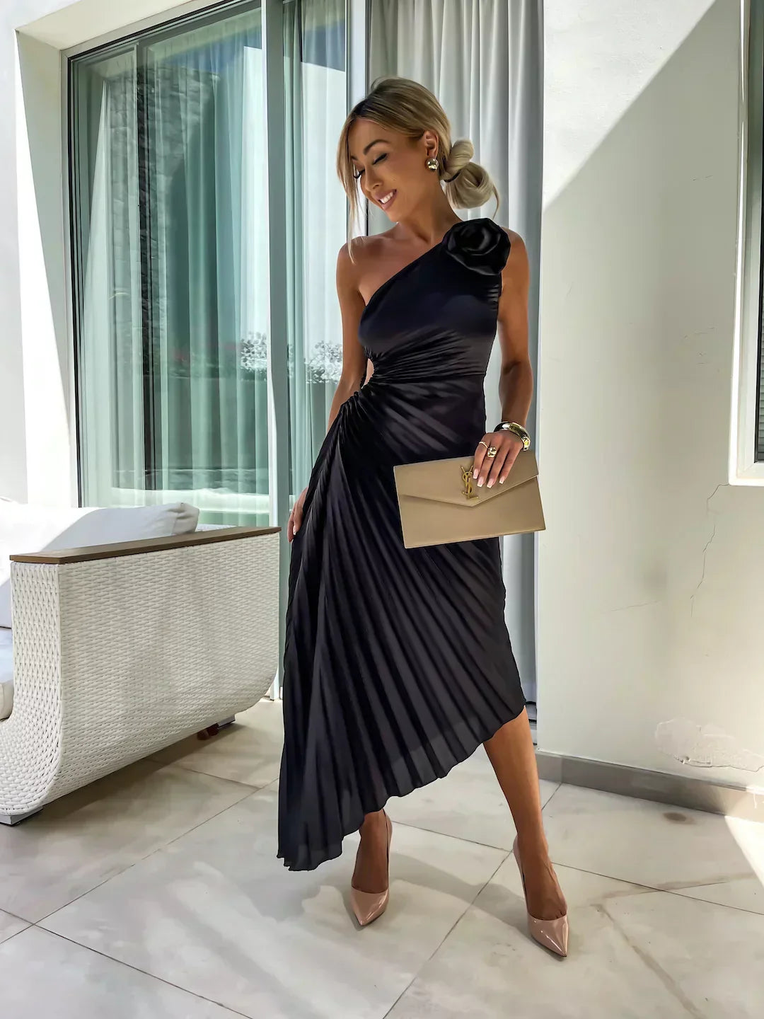 Image of Jane | Women's One Shoulder Pleated Midi Dress