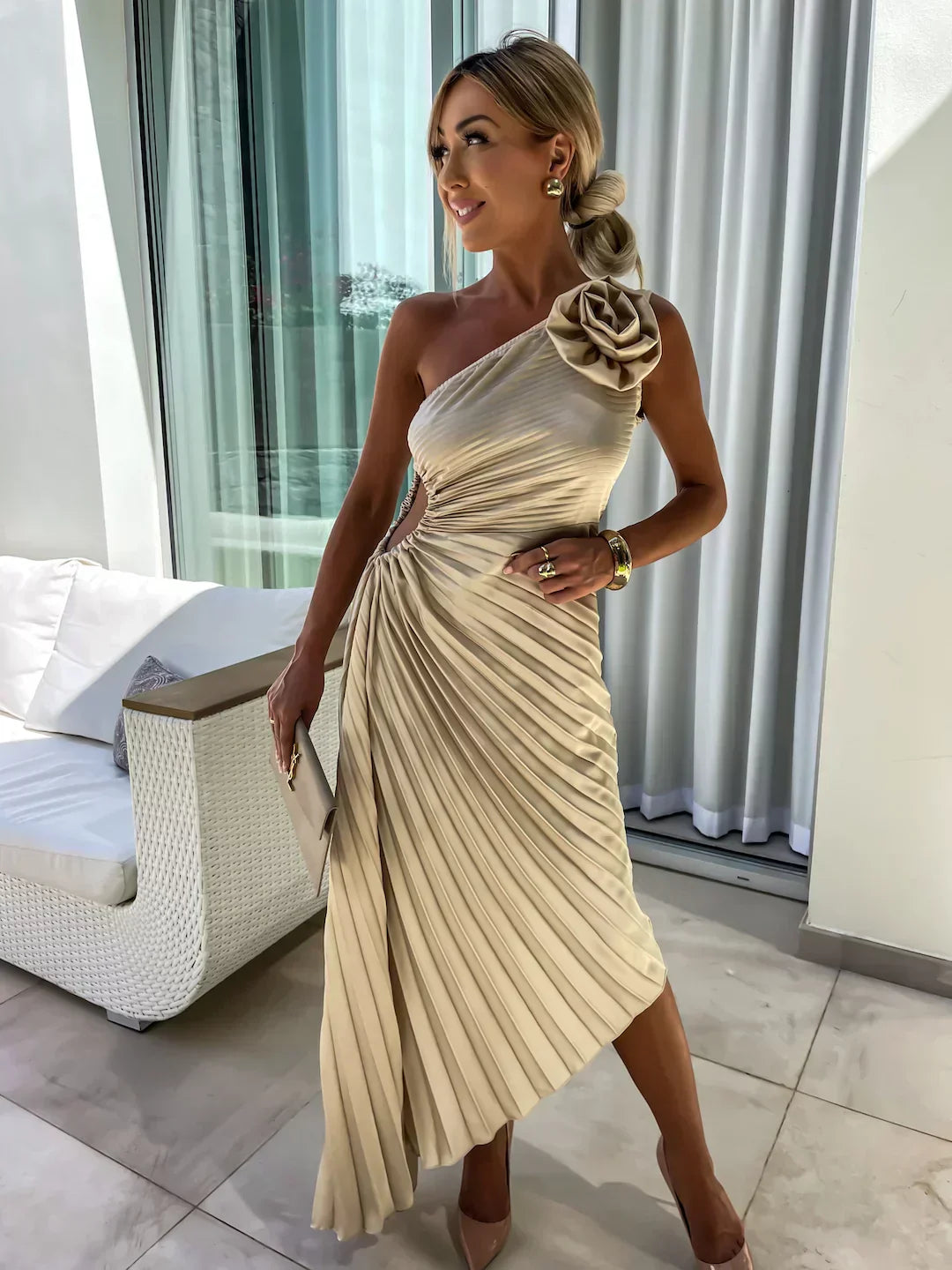Image of Jane | Women's One Shoulder Pleated Midi Dress