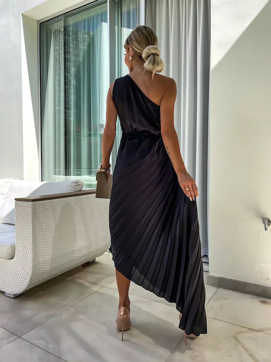 Image of Jane | Women's One Shoulder Pleated Midi Dress