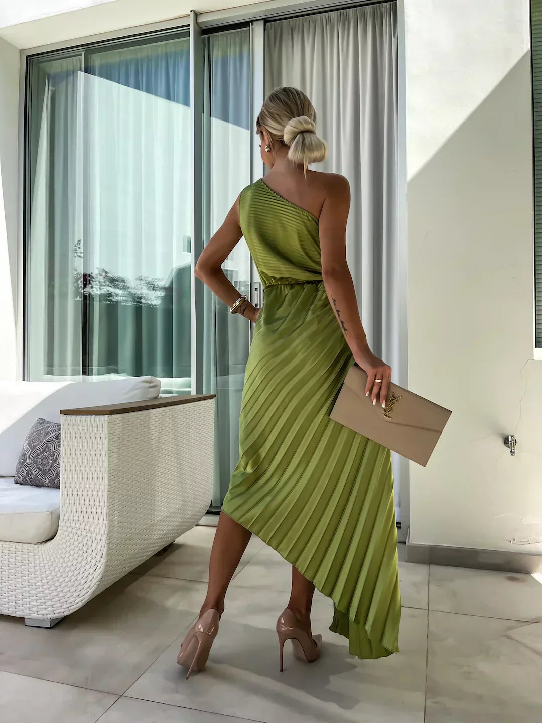 Image of Jane | Women's One Shoulder Pleated Midi Dress