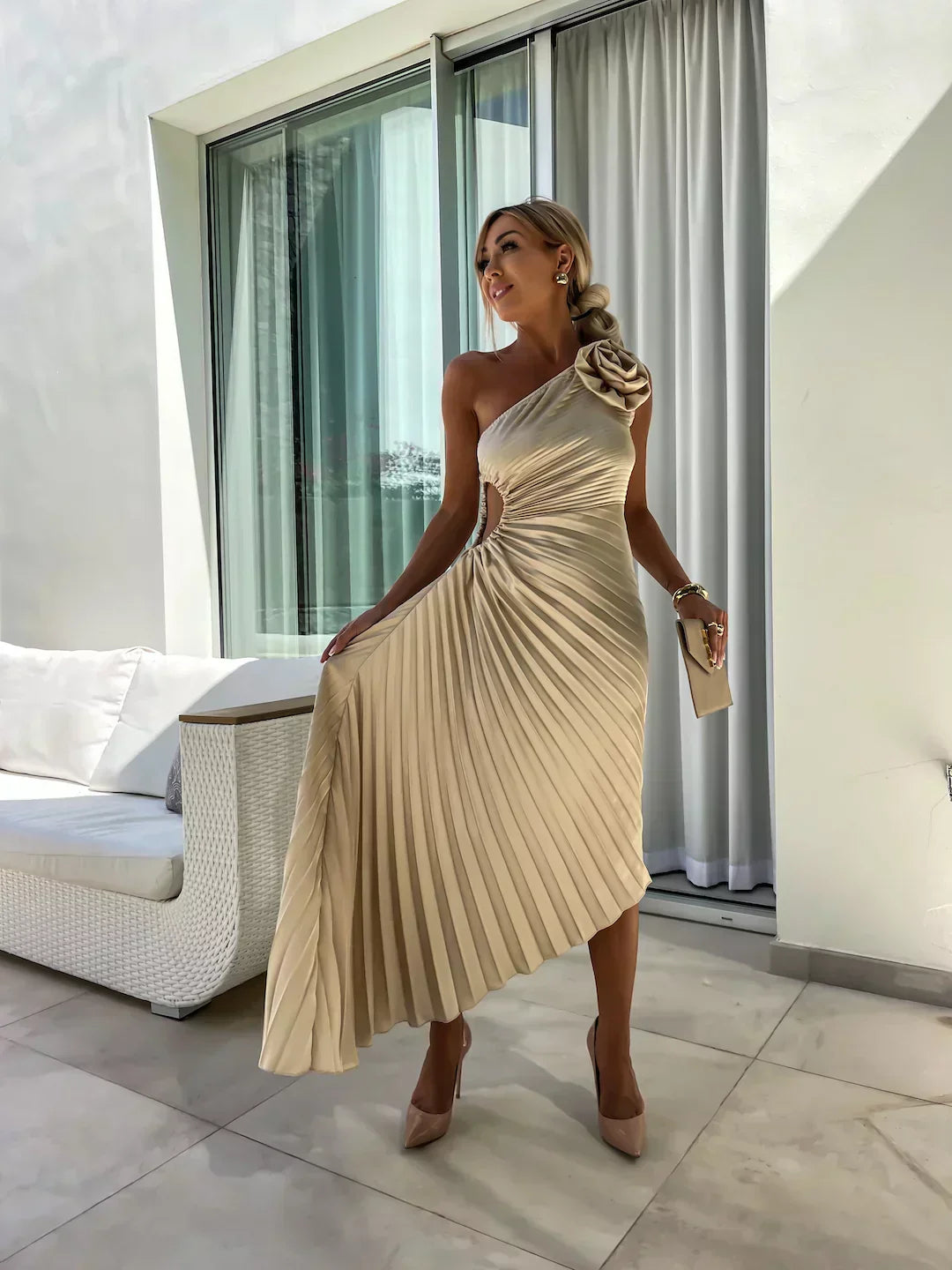 Image of Jane | Women's One Shoulder Pleated Midi Dress