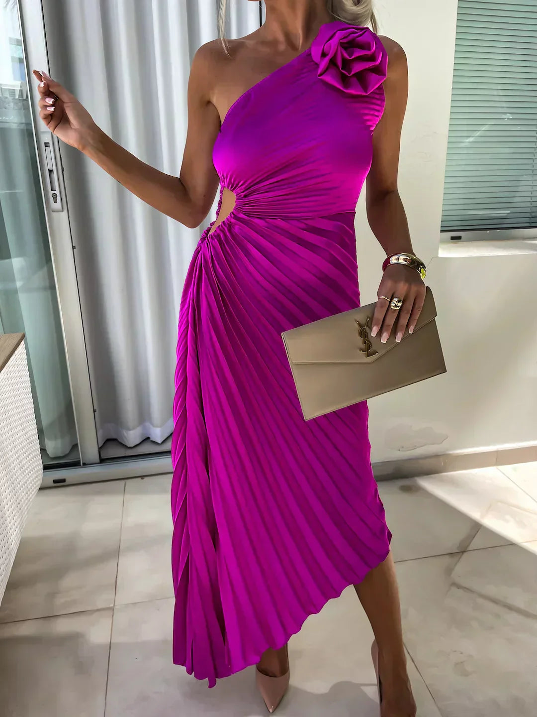 Image of Jane | Women's One Shoulder Pleated Midi Dress