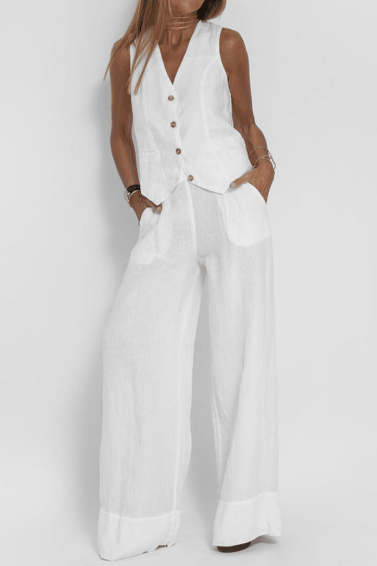 Image of Jennifer | Women's Button-Front Sleeveless Vest and Wide Leg Pants Set