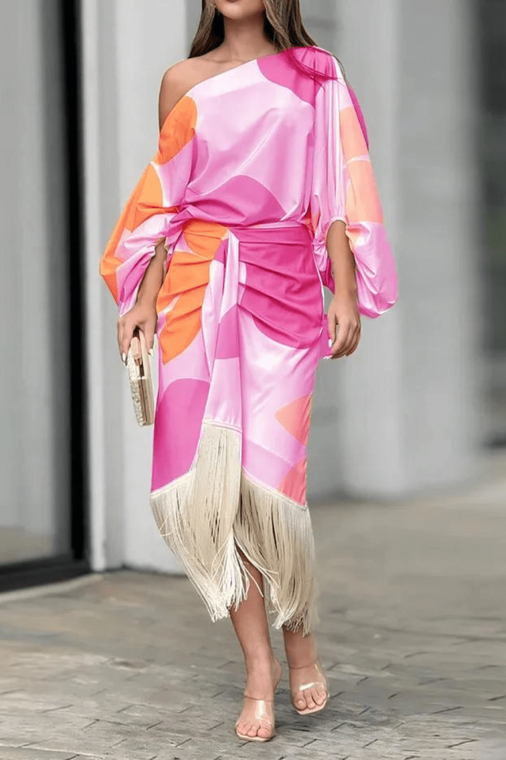 Image of Judie | Women's Fringe One Shoulder Wrap Midi Dress
