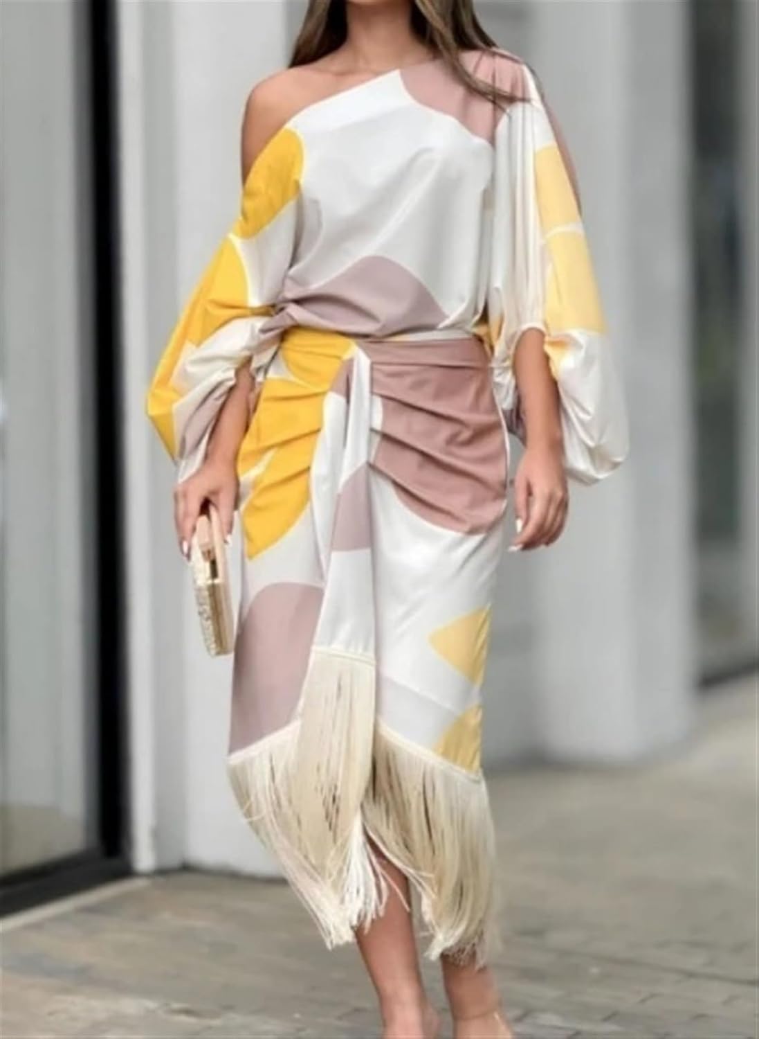 Image of Judie | Women's Fringe One Shoulder Wrap Midi Dress