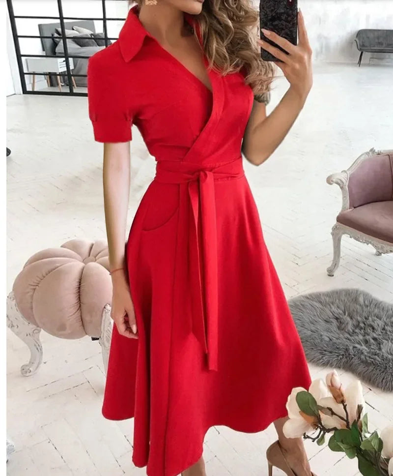 Judy | Women's Tie Waist A-Line Midi Dress - Image 1