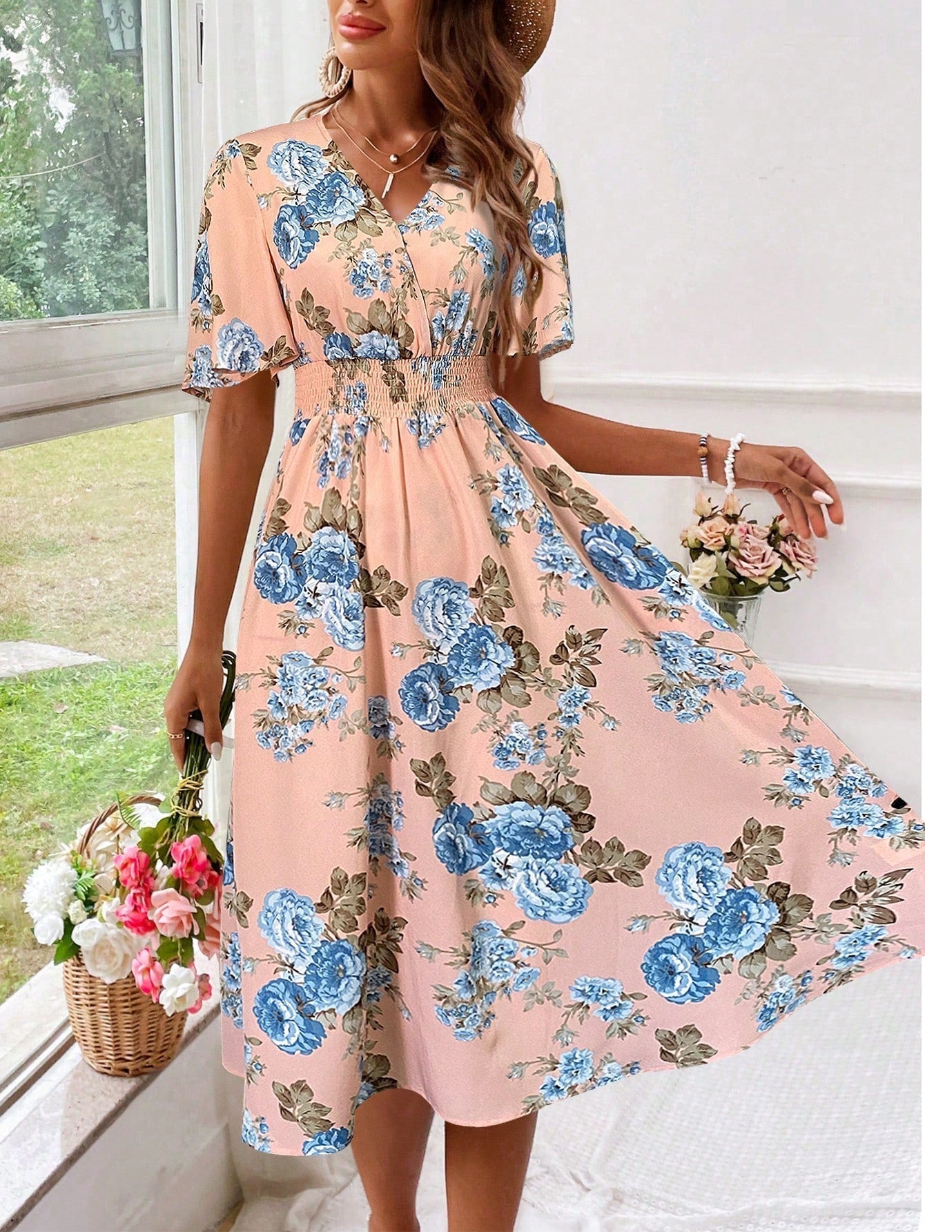 Image of Kara | Women's V-Neck Fit & Flare Midi Dress
