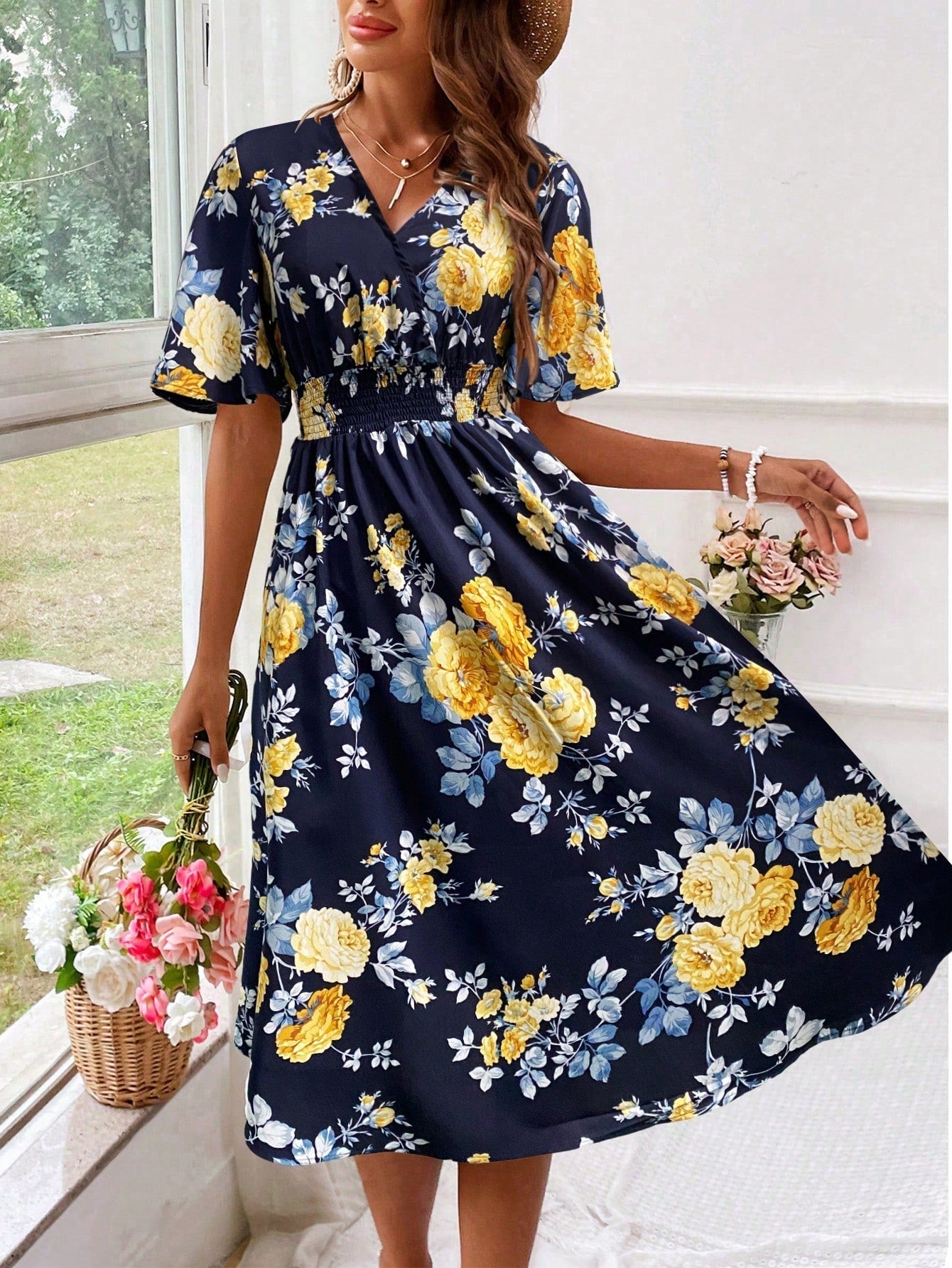 Image of Kara | Women's V-Neck Fit & Flare Midi Dress