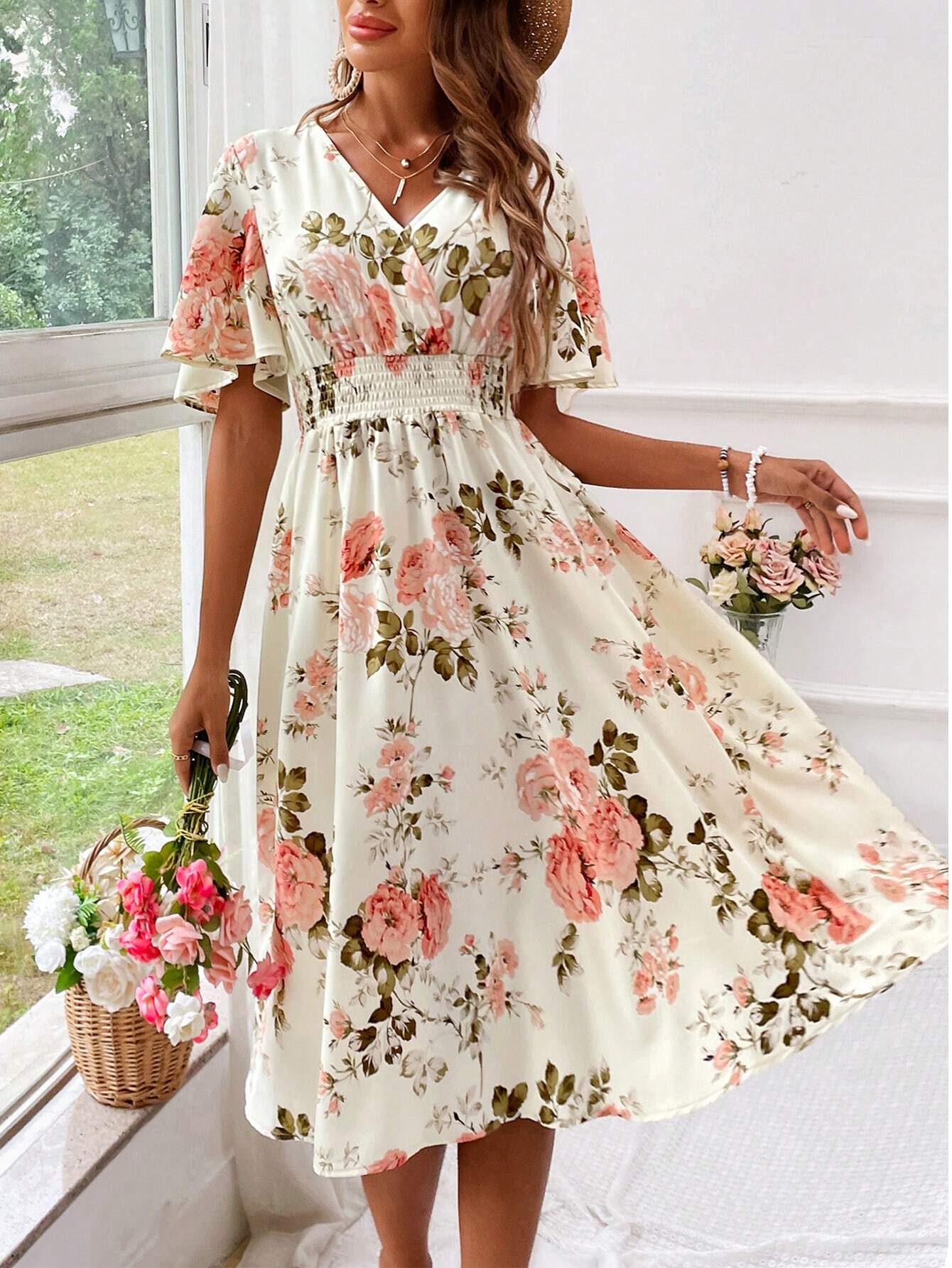 Image of Kara | Women's V-Neck Fit & Flare Midi Dress