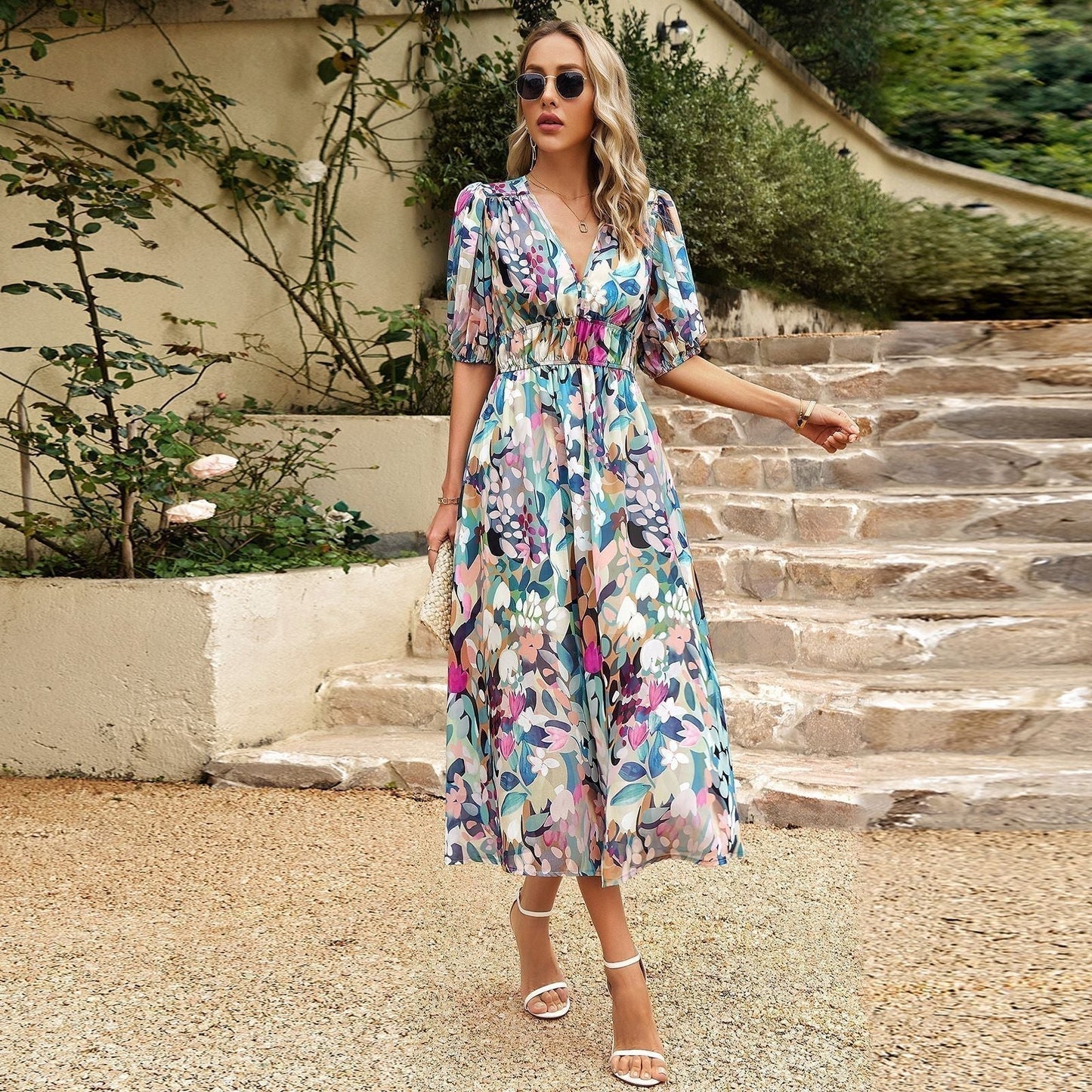 Image of Leanne | Women's V-Neck A-Line Midi Dress