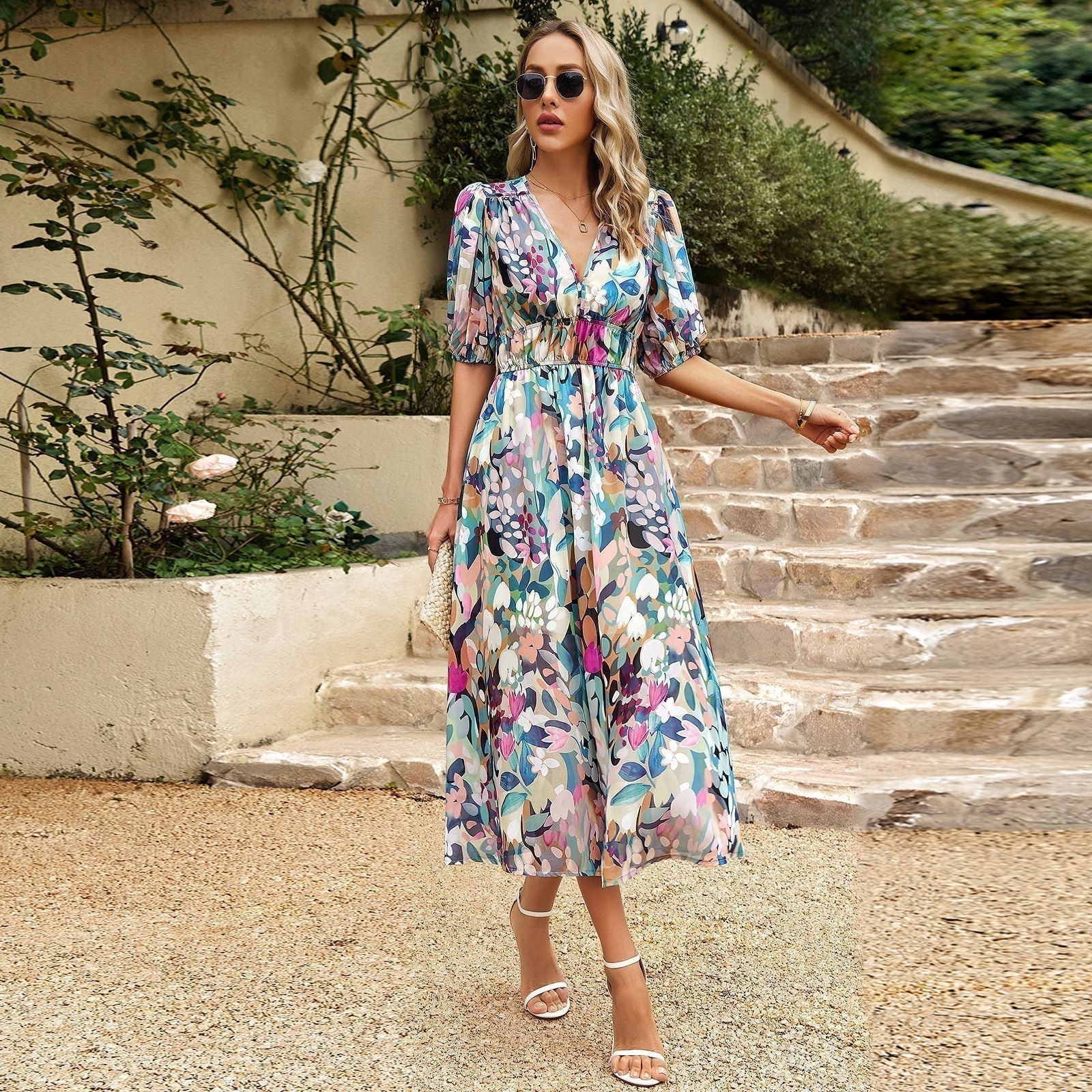 Image of Leanne | Women's V-Neck A-Line Midi Dress