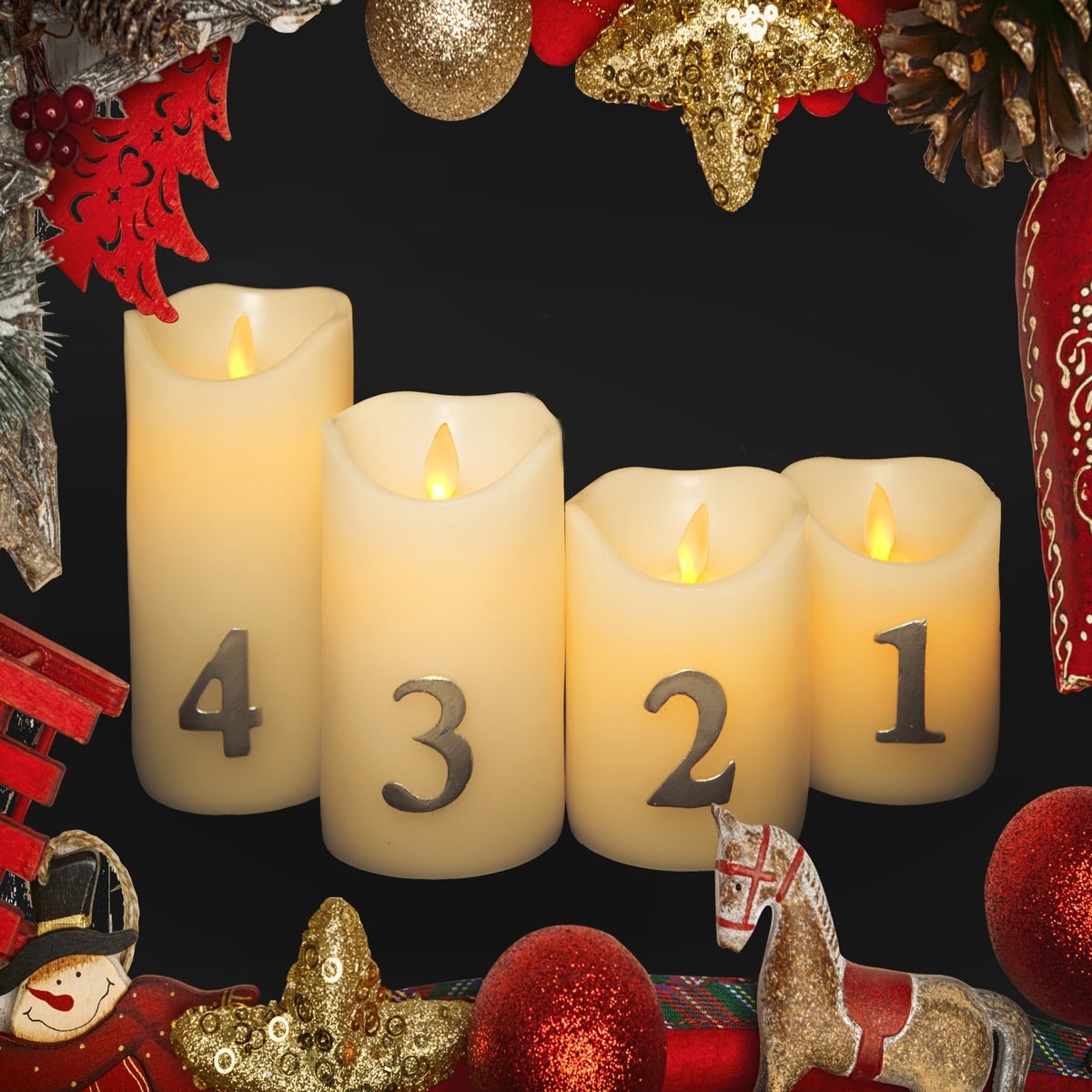 LED Advent Candles with Timer and Remote Control - 4-Pack - 3D Flame
