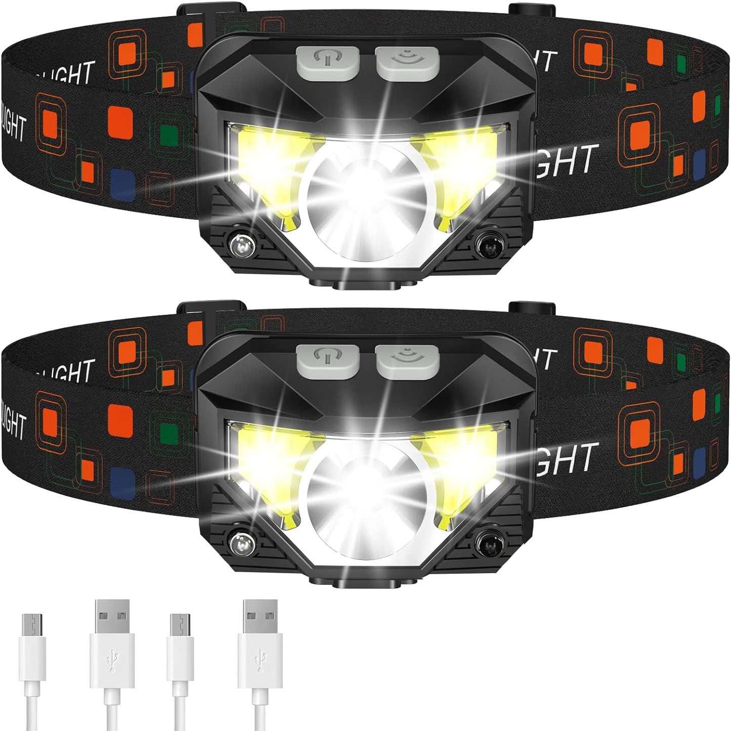 LED Headlamps with Motion Sensor - Rechargeable, Waterproof - Pack of 2