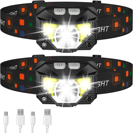 LED Headlamps with Motion Sensor - Rechargeable, Waterproof - Pack of 2