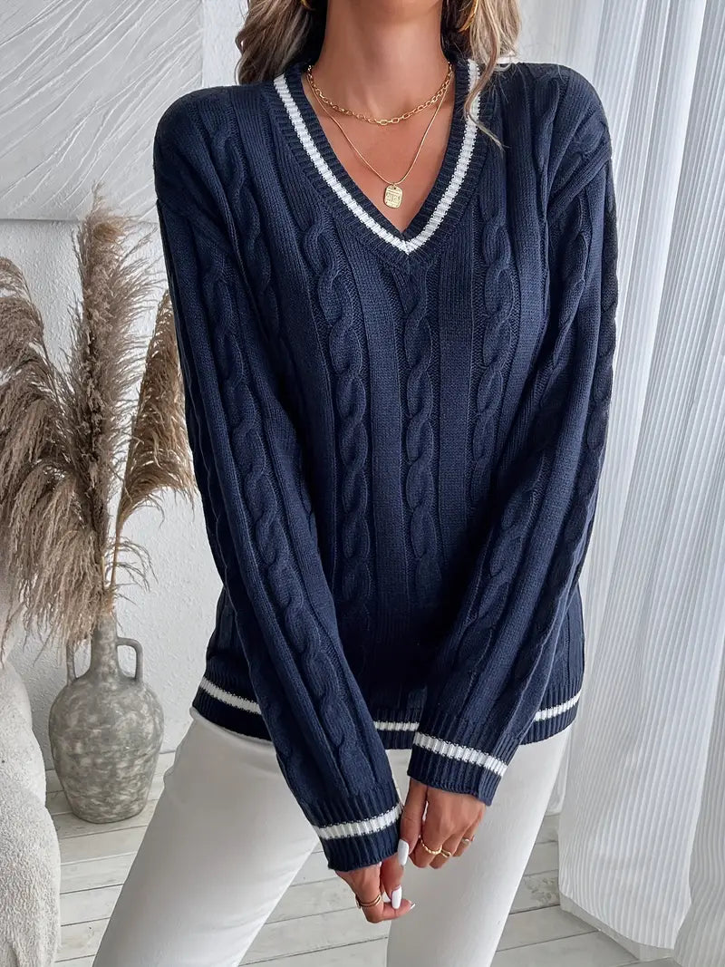 Image of Lilly | Women's V-Neck Cable Knit Sweater