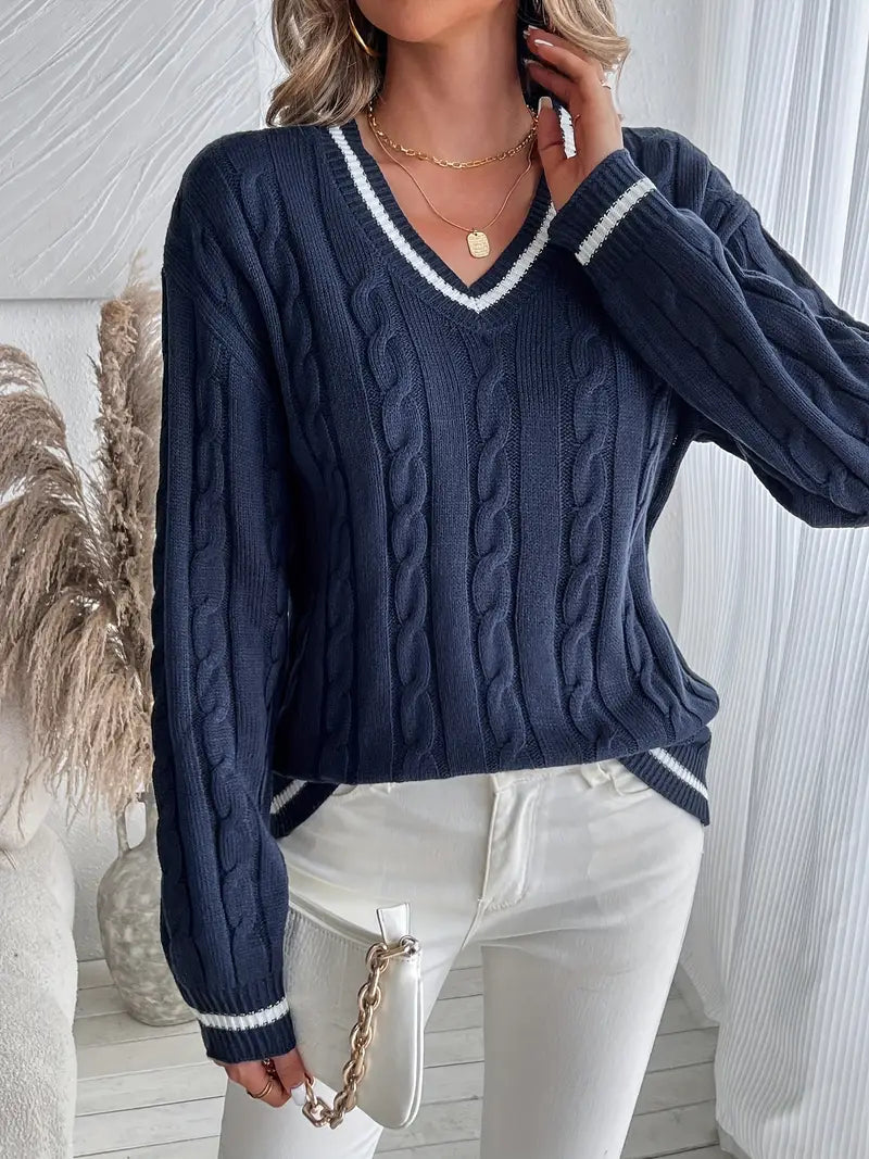 Image of Lilly | Women's V-Neck Cable Knit Sweater