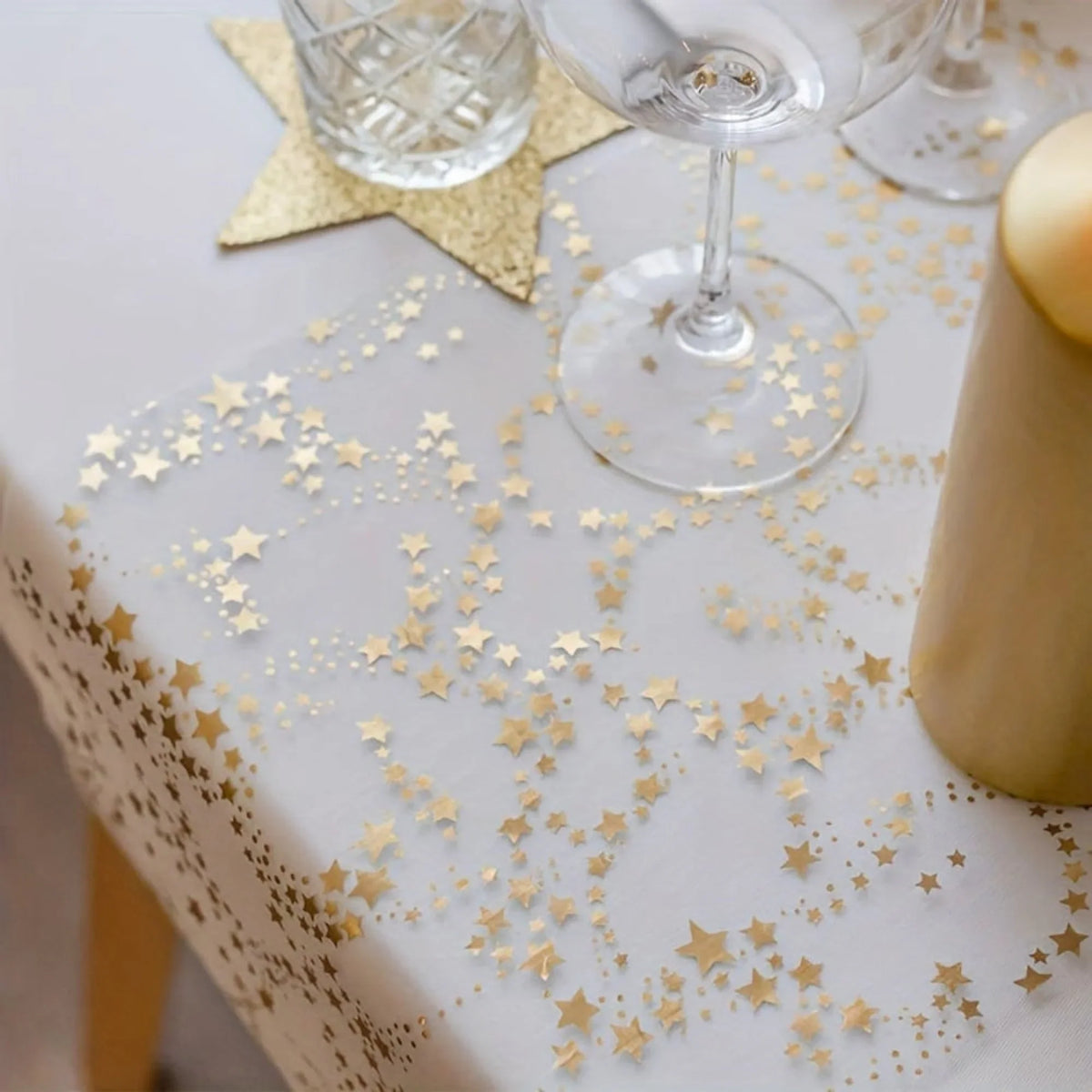 Linen Christmas Table Runner with Gold Stars on Organza