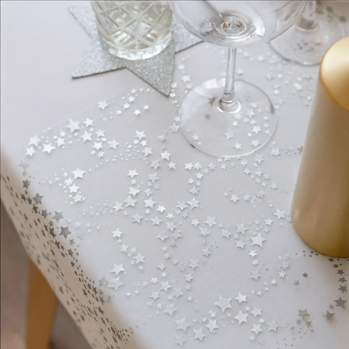 Linen Christmas Table Runner with Gold Stars on Organza