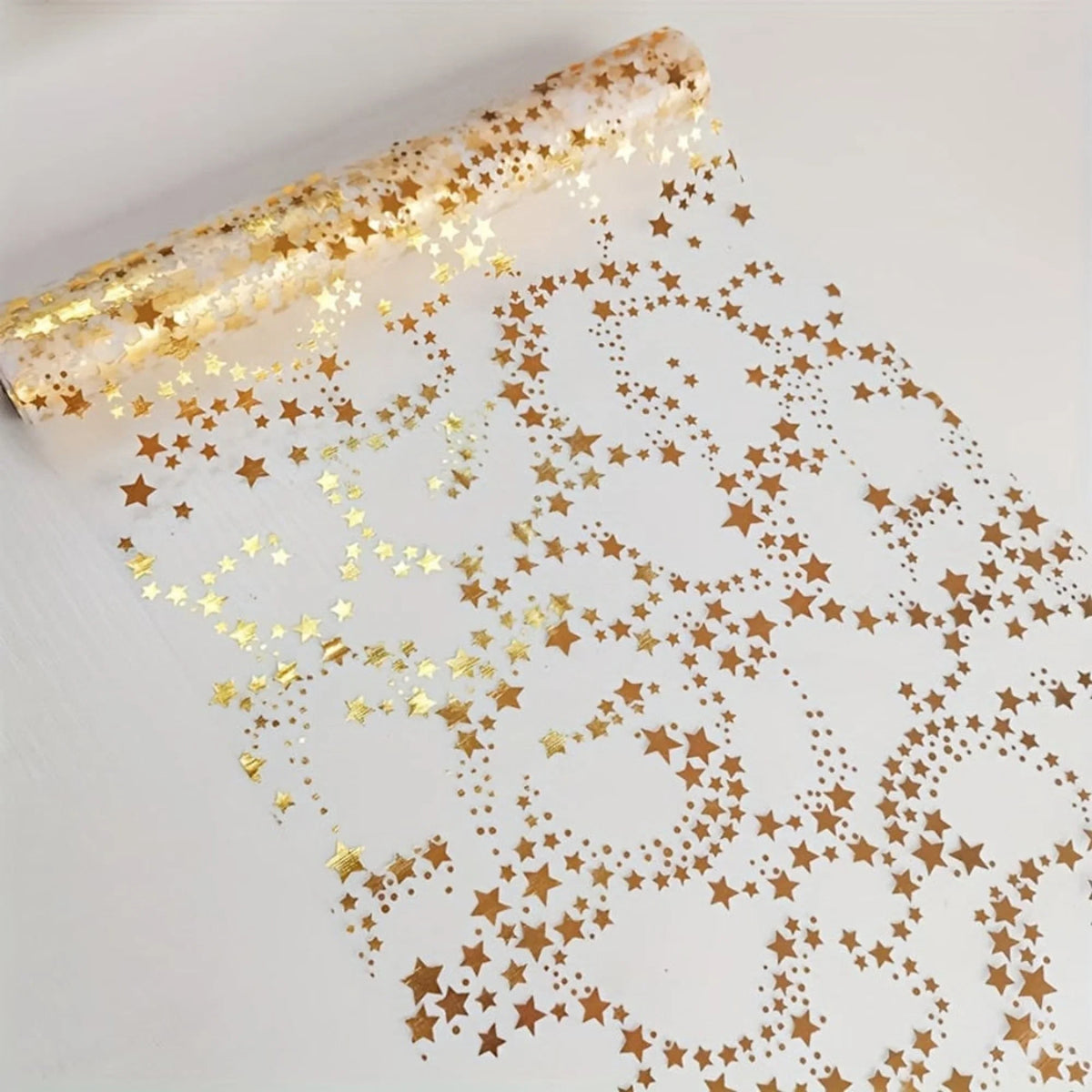 Linen Christmas Table Runner with Gold Stars on Organza