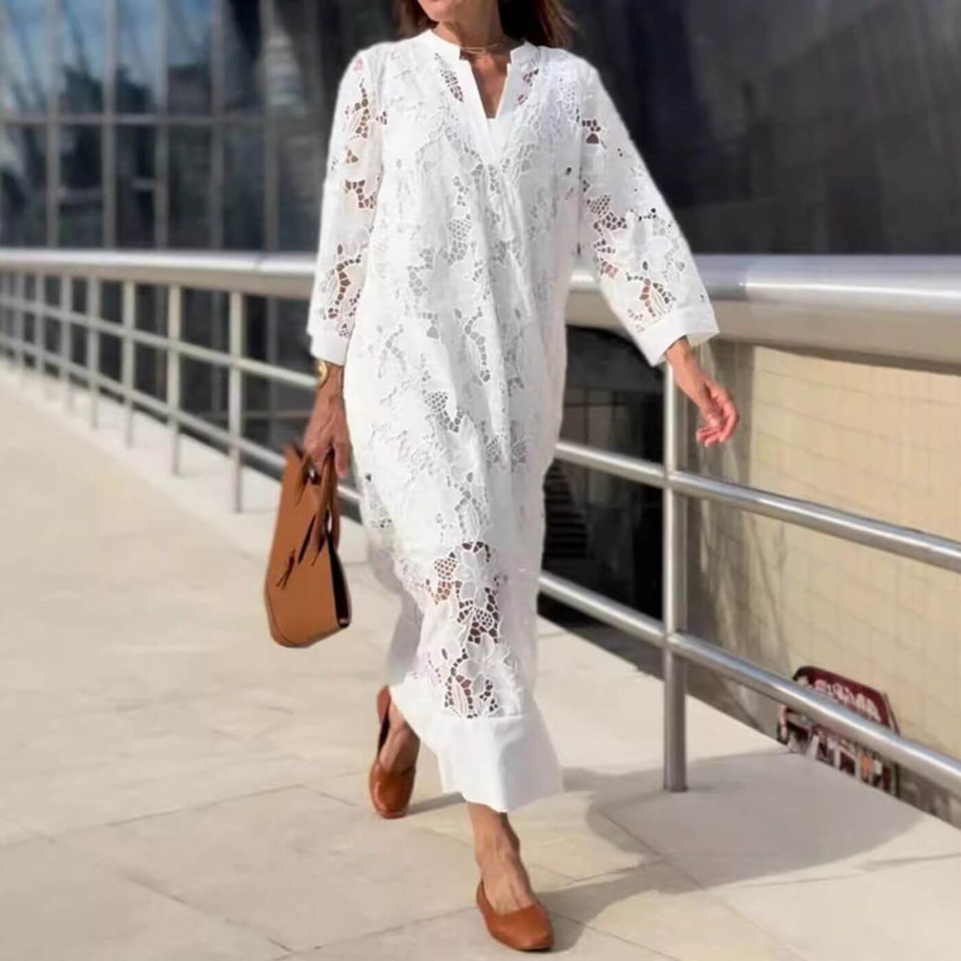 Image of Lisa | Women's V-Neck Midi Lace Dress