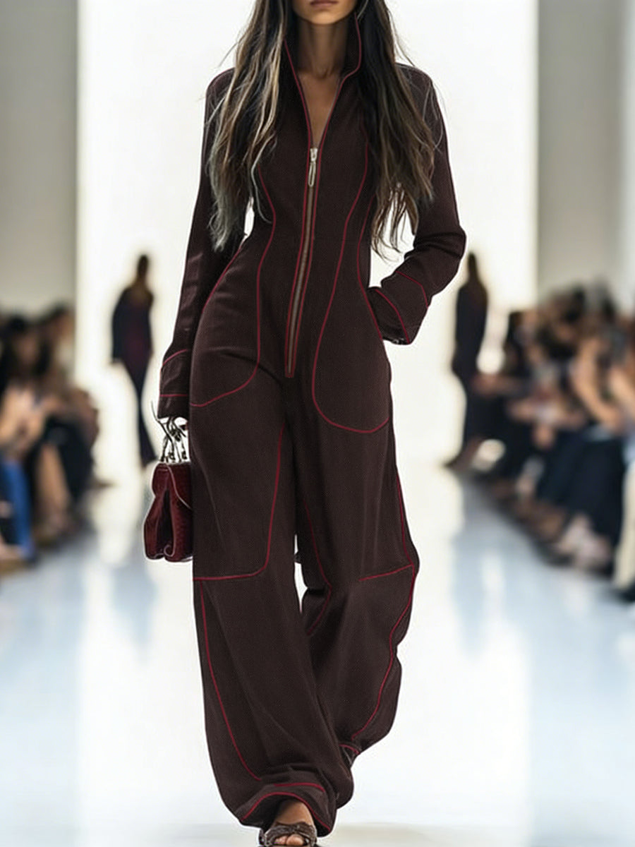 Long-Sleeve Stand-Collar Wide-Leg Zip-Up Jumpsuit