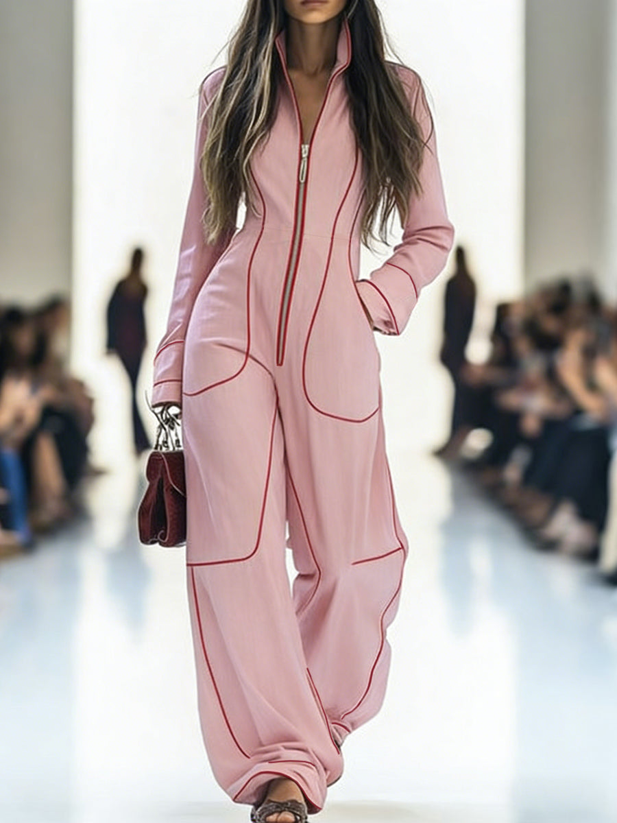 Long-Sleeve Stand-Collar Wide-Leg Zip-Up Jumpsuit