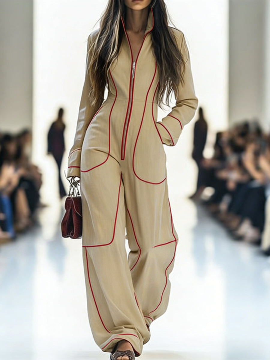 Long-Sleeve Stand-Collar Wide-Leg Zip-Up Jumpsuit