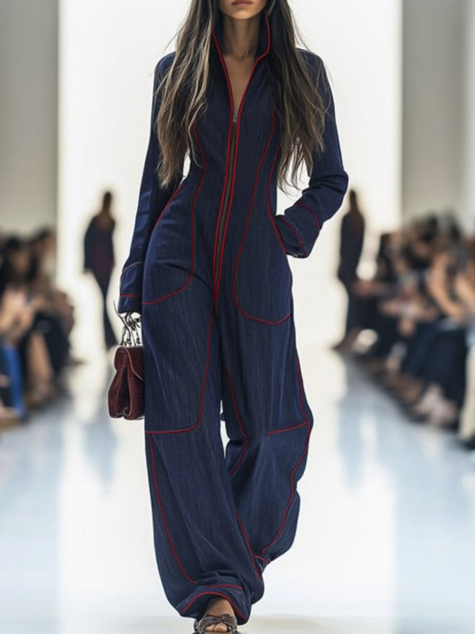 Long-Sleeve Stand-Collar Wide-Leg Zip-Up Jumpsuit