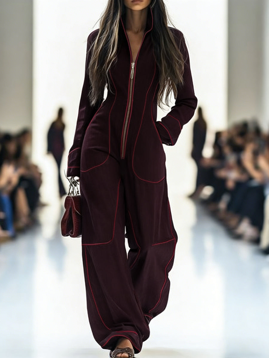 Long-Sleeve Stand-Collar Wide-Leg Zip-Up Jumpsuit