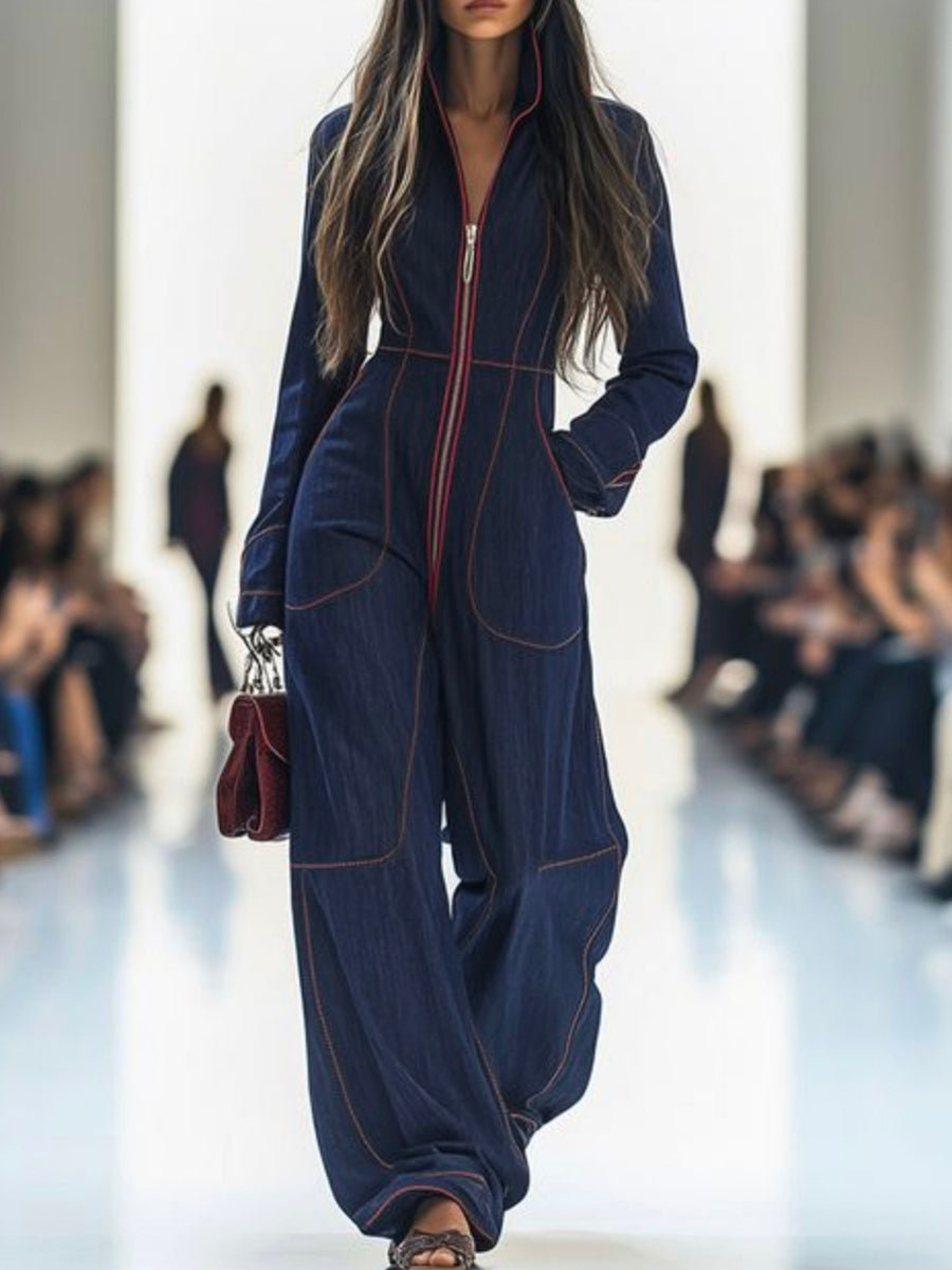 Long-Sleeve Stand-Collar Wide-Leg Zip-Up Jumpsuit