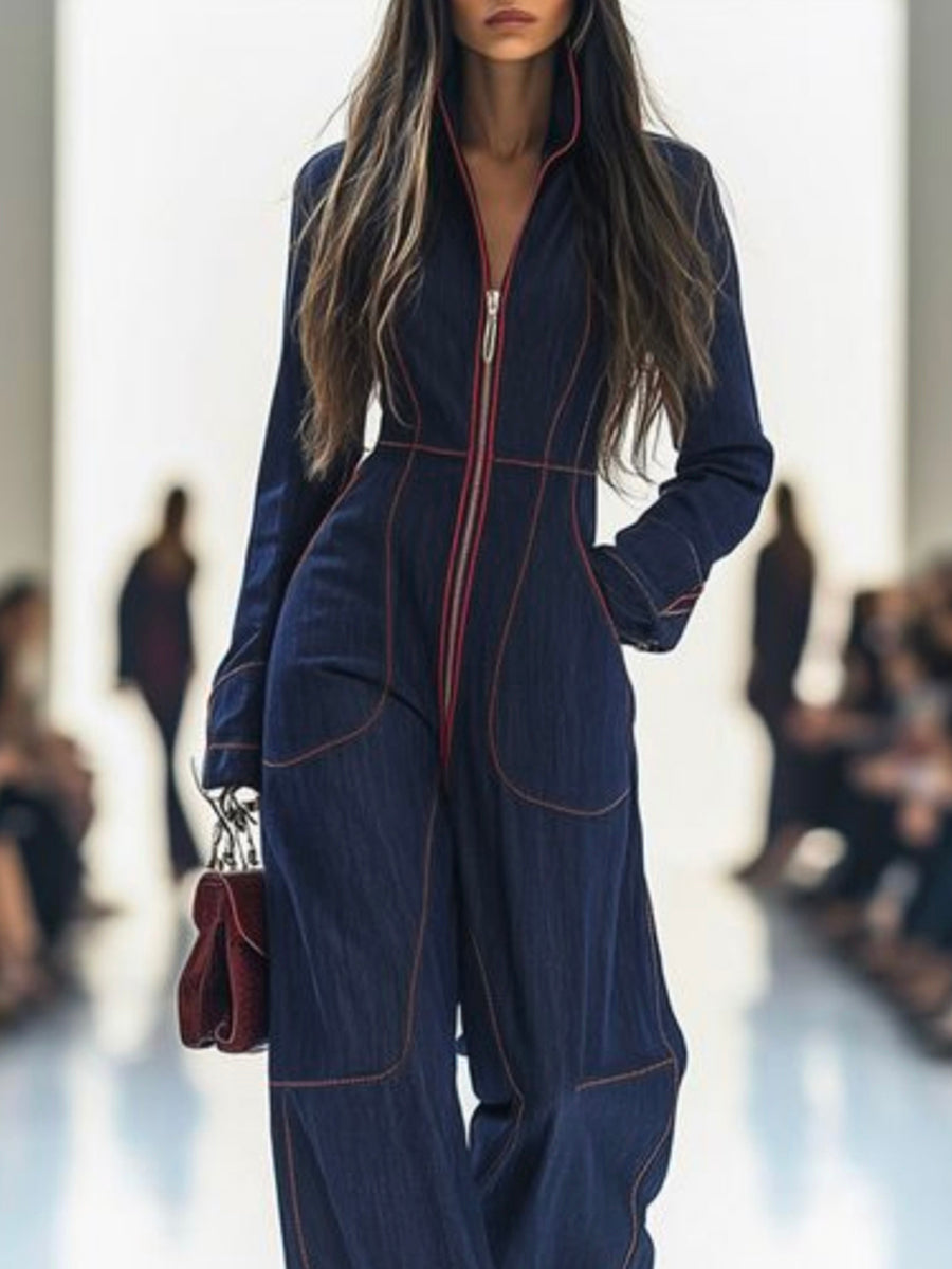 Long-Sleeve Stand-Collar Wide-Leg Zip-Up Jumpsuit