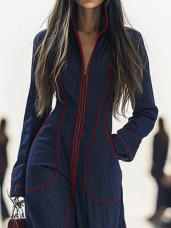 Long-Sleeve Stand-Collar Wide-Leg Zip-Up Jumpsuit