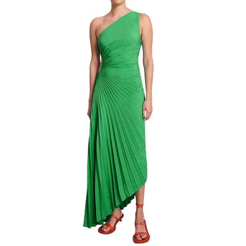 Image of Lori | Women's One Shoulder Midi Pleated Dress