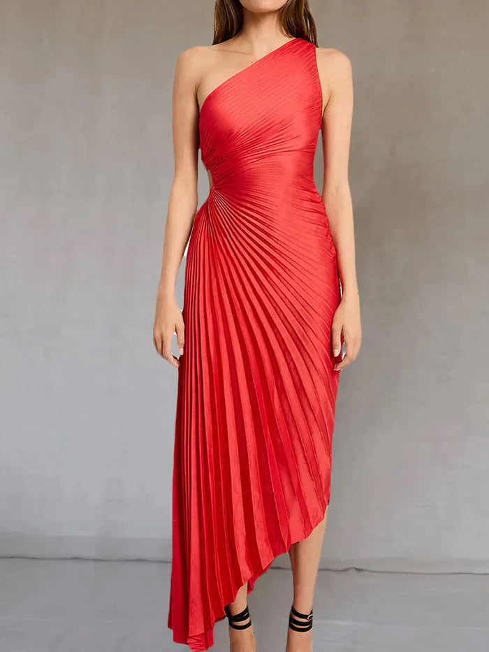 Image of Lori | Women's One Shoulder Midi Pleated Dress