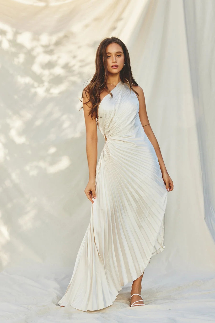 Image of Lori | Women's One Shoulder Midi Pleated Dress
