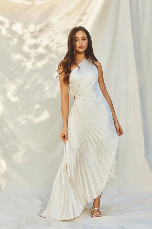 Image of Lori | Women's One Shoulder Midi Pleated Dress