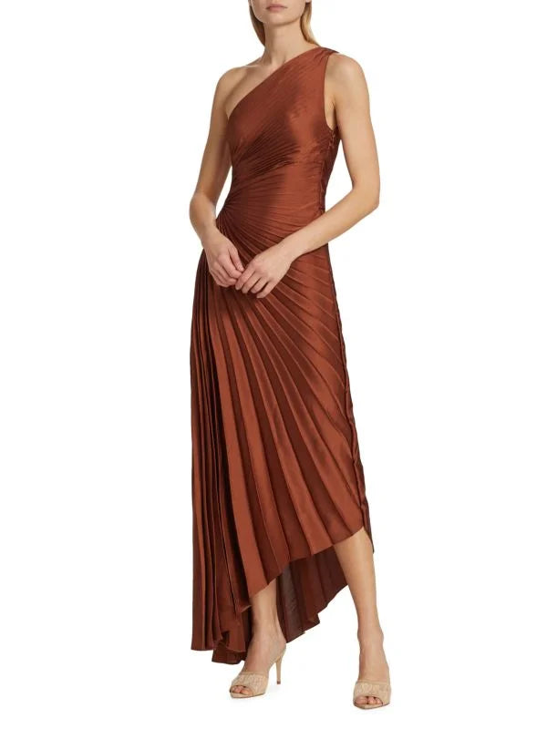 Image of Lori | Women's One Shoulder Midi Pleated Dress