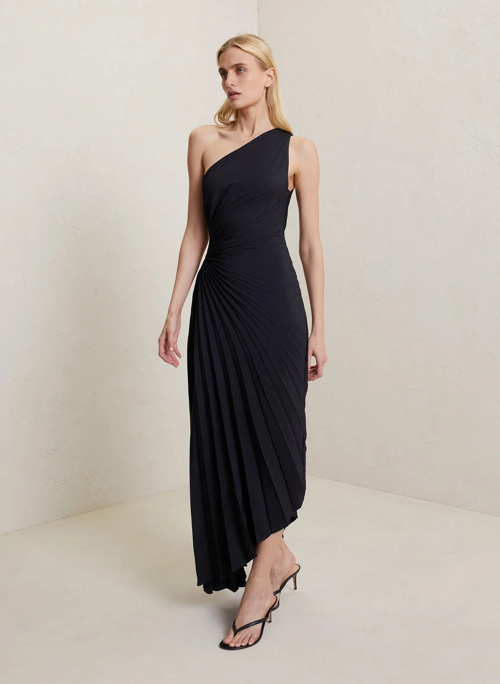 Image of Lori | Women's One Shoulder Midi Pleated Dress
