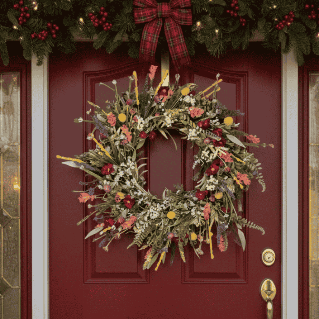 Lush Door Wreath with Realistic Blossoms and Balanced Color Accents