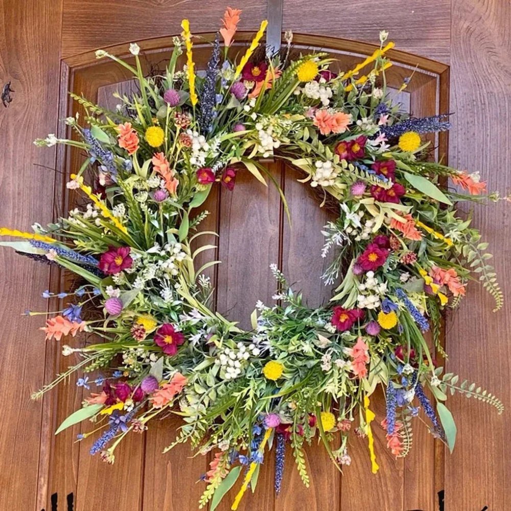 Lush Door Wreath with Realistic Blossoms and Balanced Color Accents