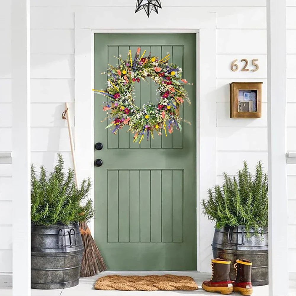 Lush Door Wreath with Realistic Blossoms and Balanced Color Accents